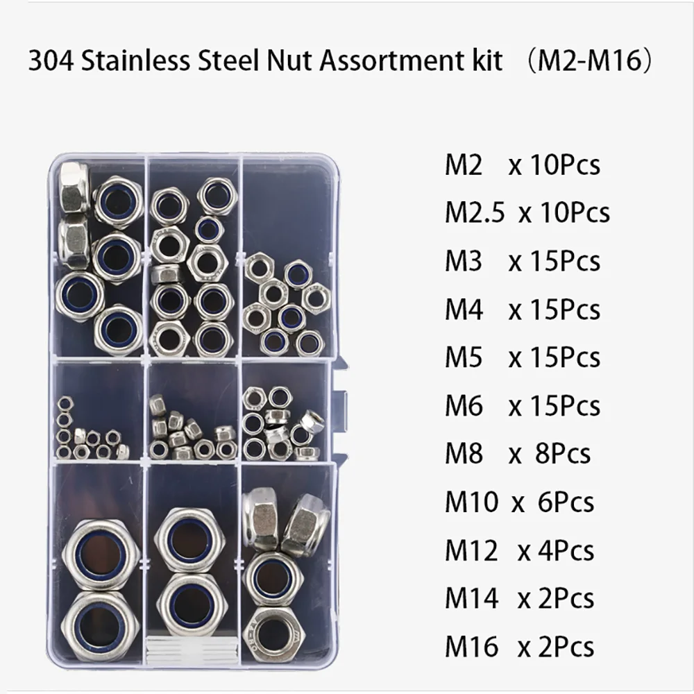 201/316/304 Stainless Steel Hex Nylon Insert Lock Hexagon Nut Assortment kit Set M2-M16 Self-locking Hexagon Nut Nylon Locknut