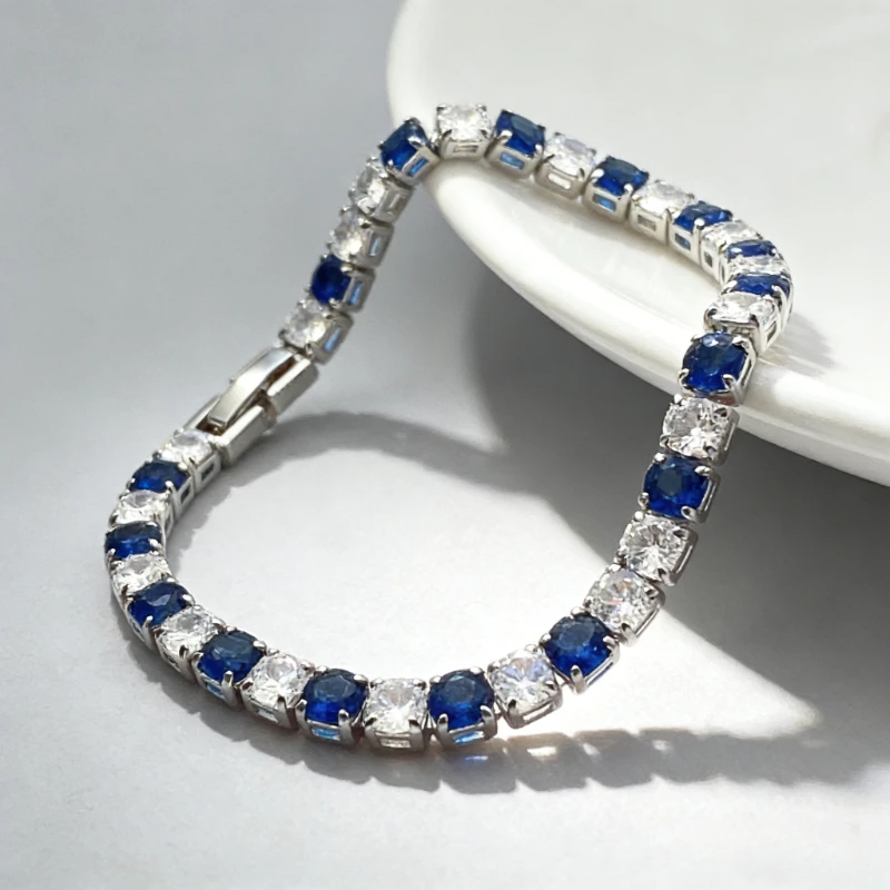 

925 Sterling Silver Simple and Elegant Tennis Zircon Bracelet Elegant and Versatile Blue Zircon Bracelet