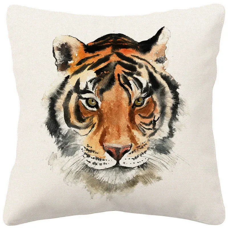 Pug Dog Tiger Animal Hand Painting Cushion Cover Beige Linen Throw Pillowcase Decorative Pillows For Sofa