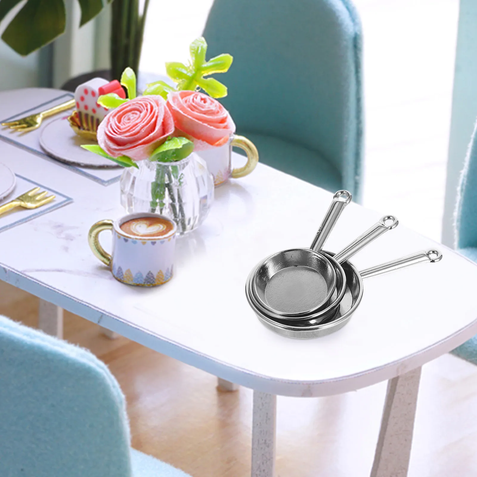 Juego de Mini sartenes de aleación de Metal realista para casa de muñecas, suministros de cocina, juego de simulación, accesorios de cocina, juego de simulación, 3 uds.