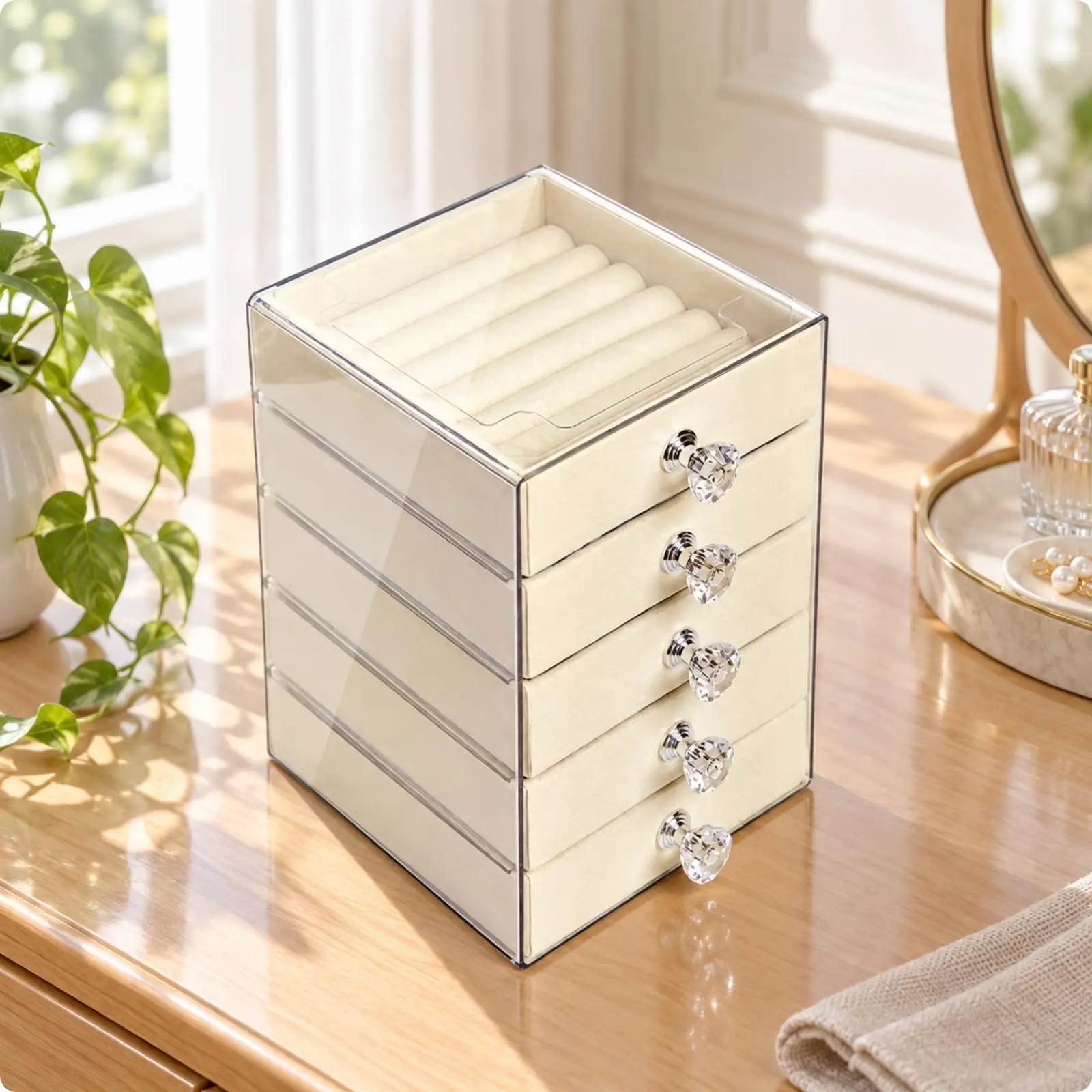 Plastic Flocking Jewelry Box Organizer Case with 5 Drawers for Women Girls Necklace Bracelet Earring Ring Storage