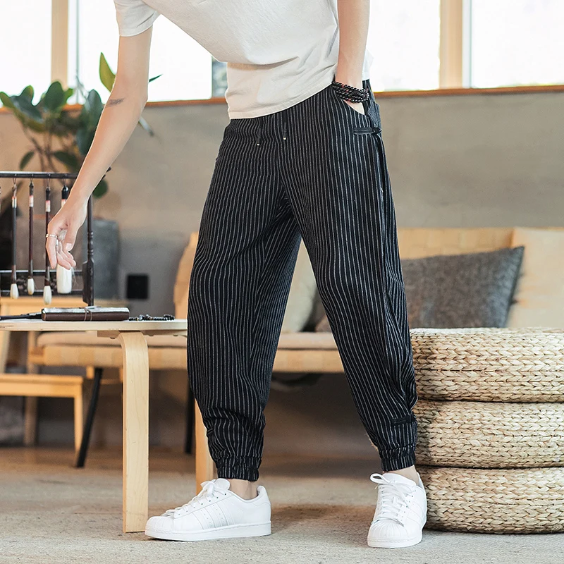 Streetwear Mens Harem Pants Fashion Casual Stripe Men Pants Cotton Linen Trousers Spring Summer Men Woman Sweatpants Big Size