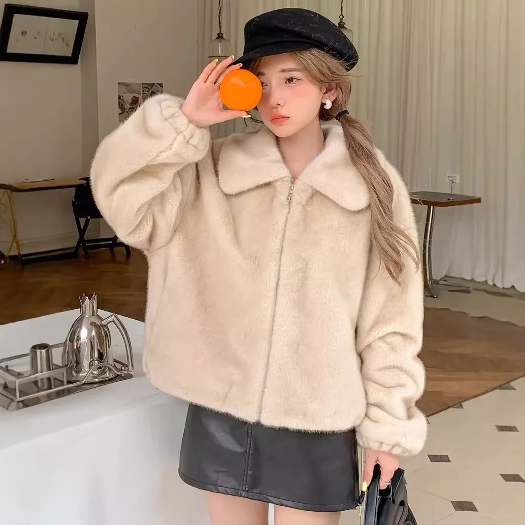 2024 winter new product mink fur imitation fur jacket plush clothes fashion square collar women's zipper wool jacket