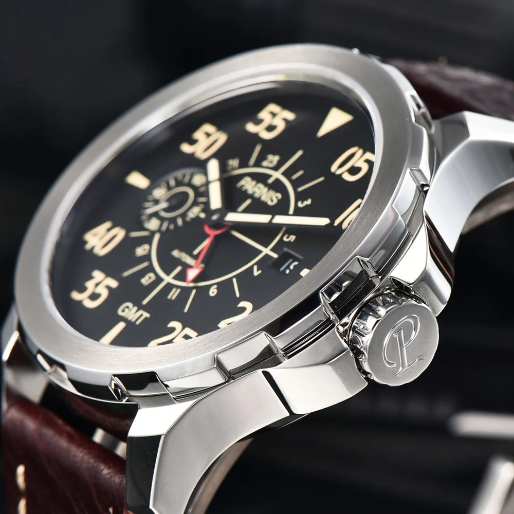 Casual Mechanical Watch Parnis 44mm Silver Case Newest Red GMT Automatic Waterproof Wrist Watch Montre Homme 2023 With Box Gift