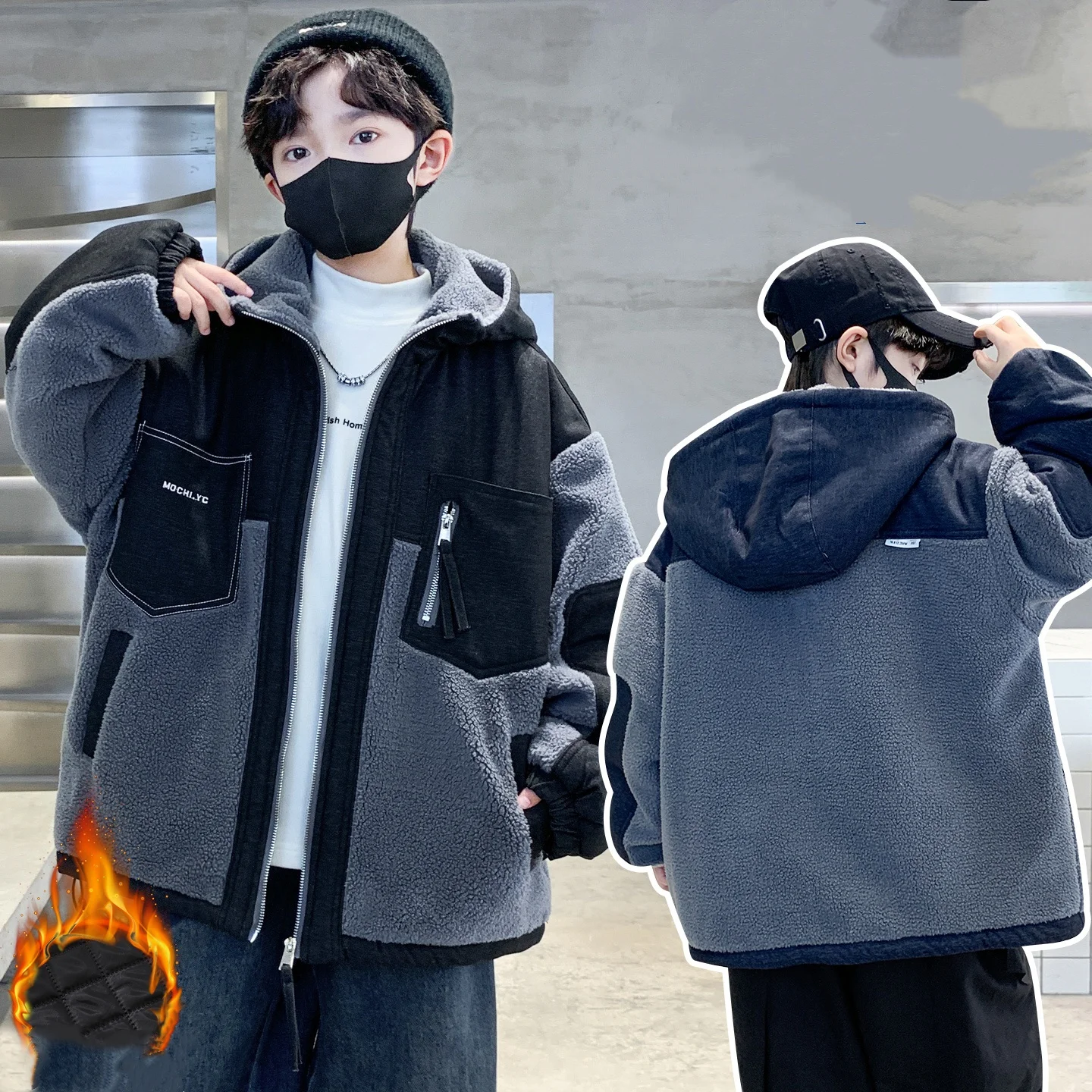 Boy's Fashion Streetwear Sherpa Fleece Jacket - Winter Warm Color Block Hooded Coat with Utility Zip Pockets & Contrast Panels