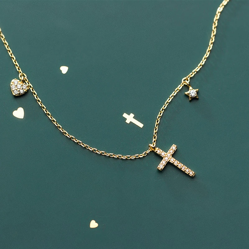 Modian 925 Sterling Silver Star Cross Hearts Pendant Necklace for Women Gold Color Link Chain Necklace Korea Style Fine Jewelry