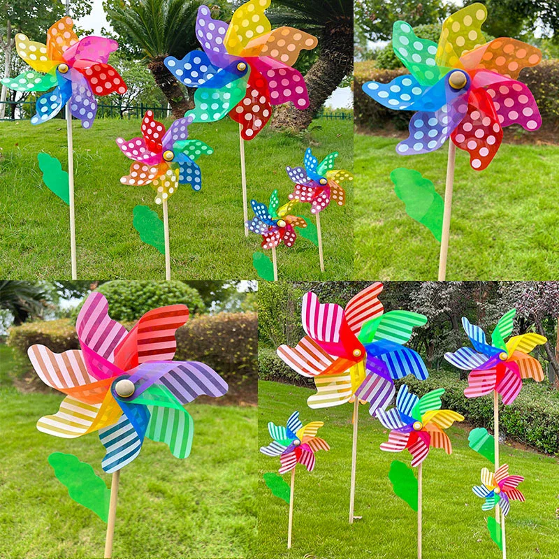 18cm Wood Handheld Plastic Windmill Dot Striped Colorful Wooden Pole Windmill Garden Yard Party Ornament Outdoor Kids Toys