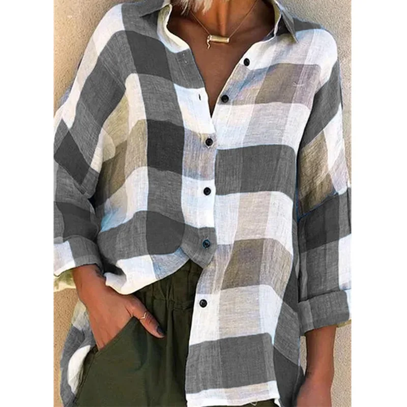 Wish Women's Printed Long Sleeved Shirt Loose Checkered Shirt