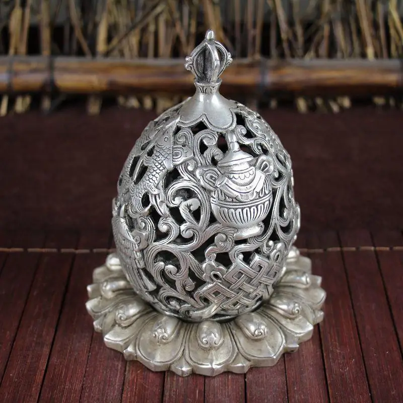 Antique Miscellaneous Copperware, White Copper, Study Room Home Decoration, Exquisite Craftsmanship, Double Fish Net Cover Incen