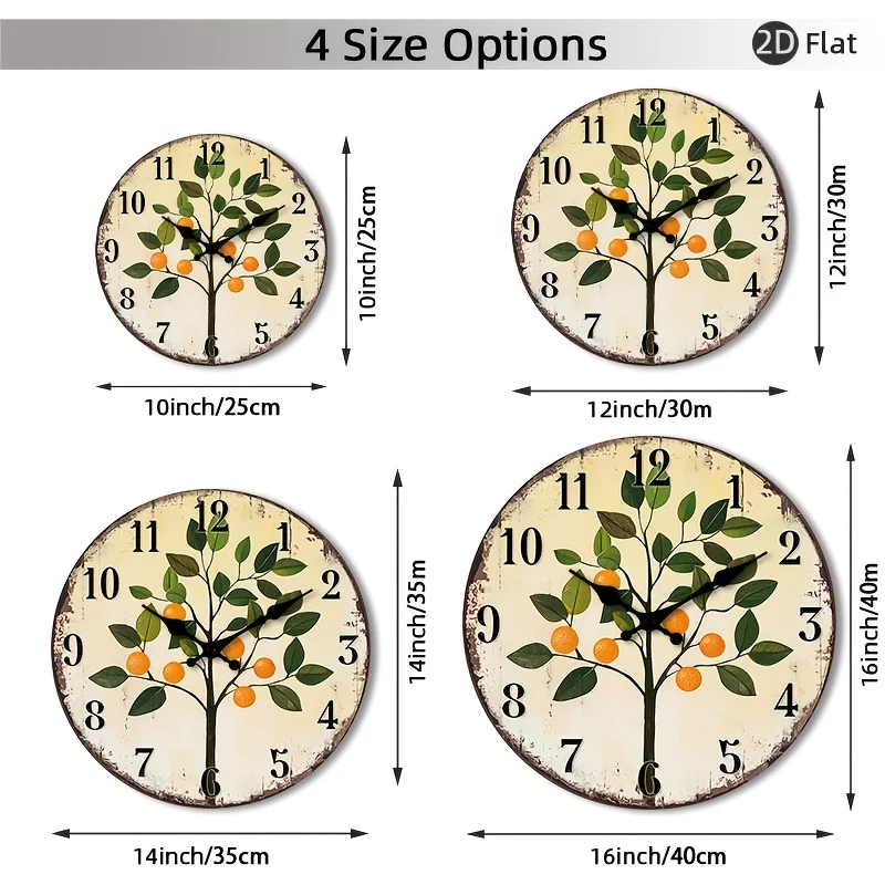 1pc Silent Wall Clock Non-Ticking Wooden, Decorative Circular Clock Glossy Lamination End Orange Tree with Fruits And Leaves on a Clock Face Design for Office, Conference Room, Reception Area, Lounge, Waiting Room 25.4cm 30.48cm 35.56cm 40.64cm