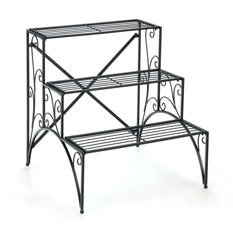 

3-Tier Metal Plant Stand with Widened Grid Shelf for Porch Garden-Black