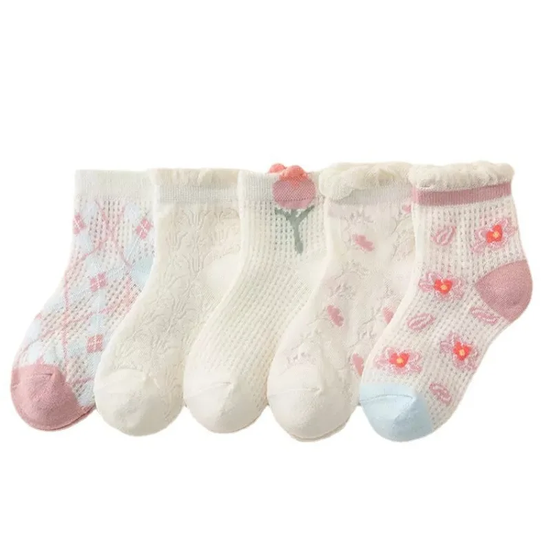 5pc Summer Thin Simple Trend Crystal Ice Stockings Soft Mesh Breathable Mid-tube Socks for Boys and Girls