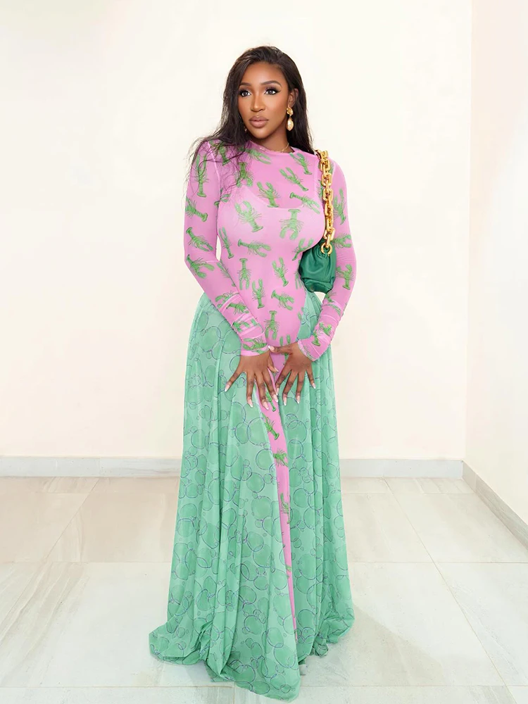 فستان ماكسي أنيق مثير من Kliou فستان نسائي شبكي مرقع بألواح مطبوع بأكمام كاملة وتصميم متباين بحاشية منتصف الليل فساتين أنيقة