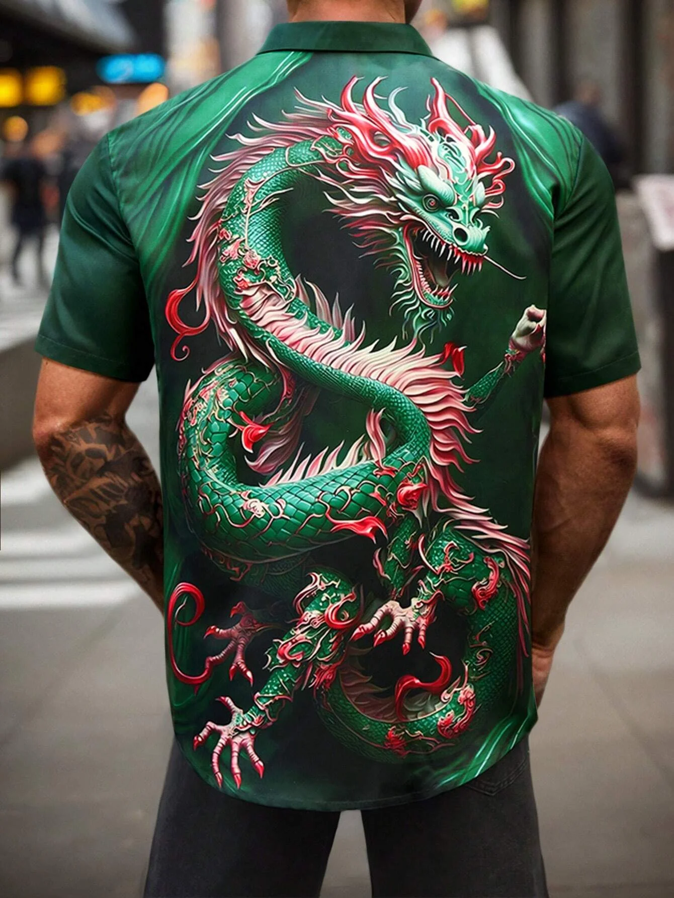 2024 Men\'S Chinese Dragon Pattern Short Sleeve Shirt Retro Graphic Men\'s Shirt Turndown Short Sleeve 4-Way Stretch Fabric Shirt