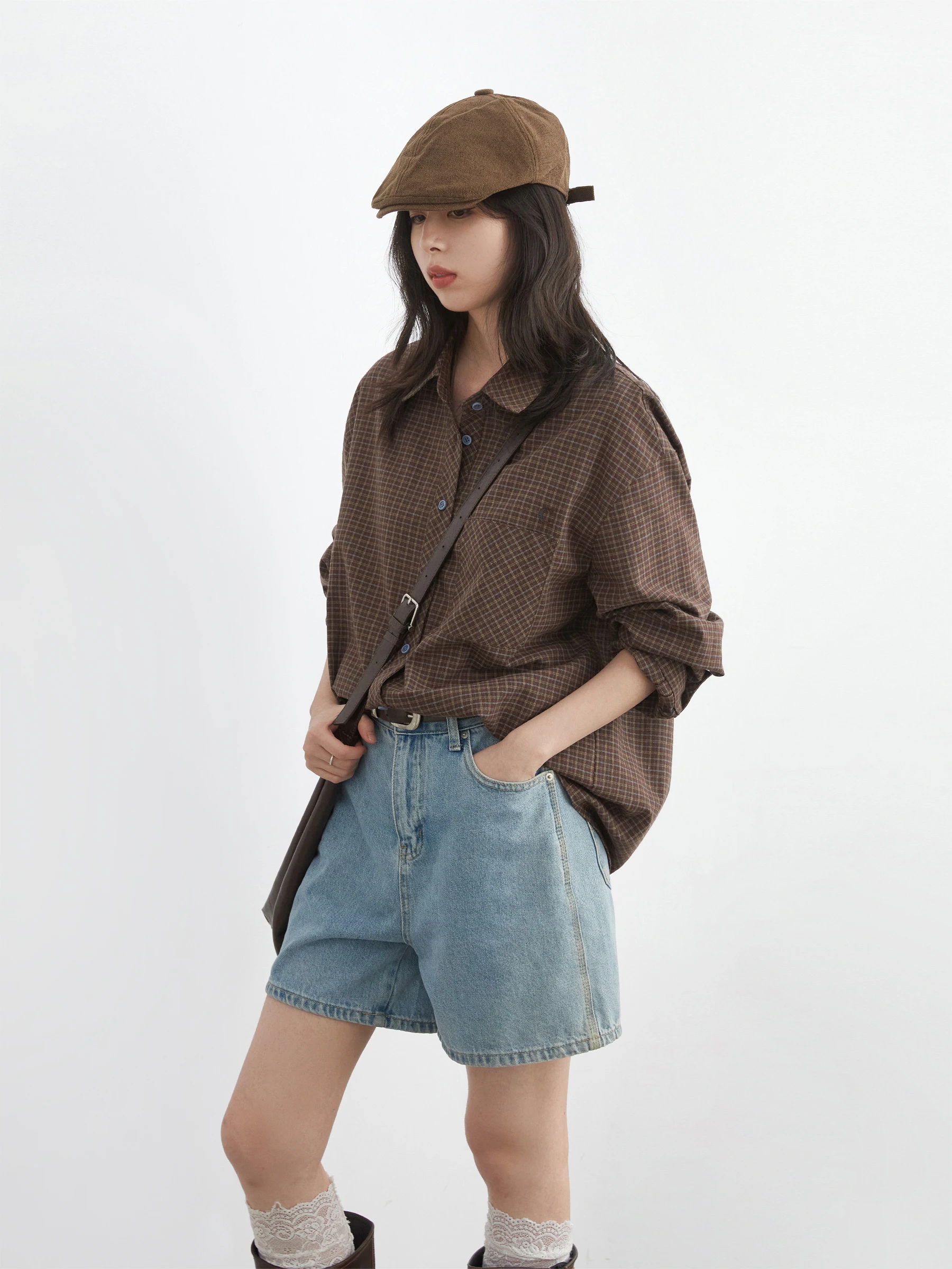 Women's Retro Plaid Embroidered Button-Up Shirt - Loose Fit