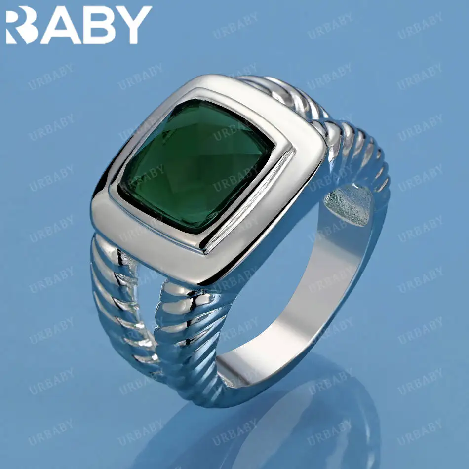 

URBABY 925 Sterling Silver Size 7-10 Green Zircons Ring For Women Men Fashion Jewelry Charm Grace Wedding Engagement Accessories