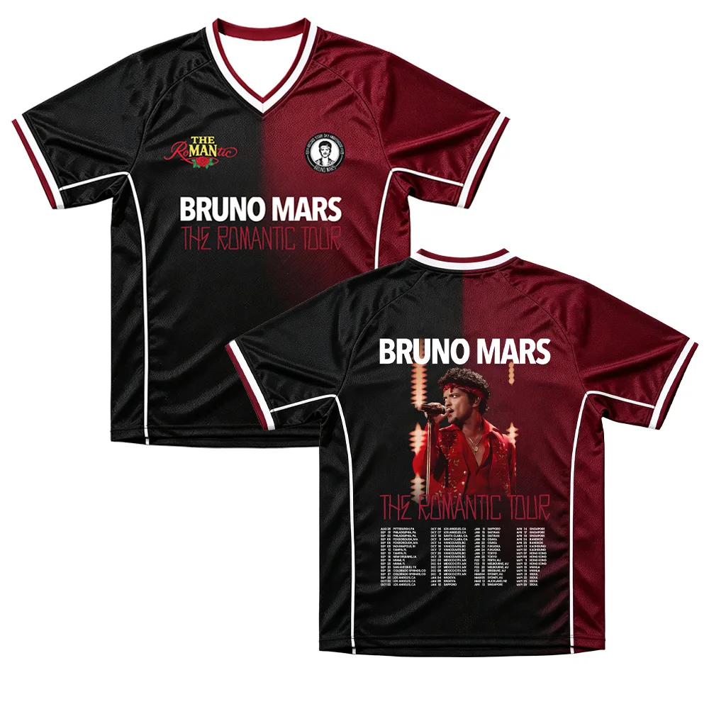 Bruno Mars The Romantic Tour 26-27 Soccer Jersey Unisex 3D Printed T-Shirt Men's Women's Retro V-neck Short Sleeve Harajuku Y2k