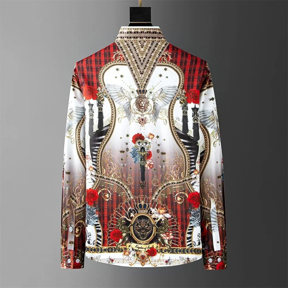 Luxury Retro Printed Shirt for Men Crown Diamond Casual Social Shirt Long Sleeve Slim Fit Business Party Tuxedo Blouse M-5XL