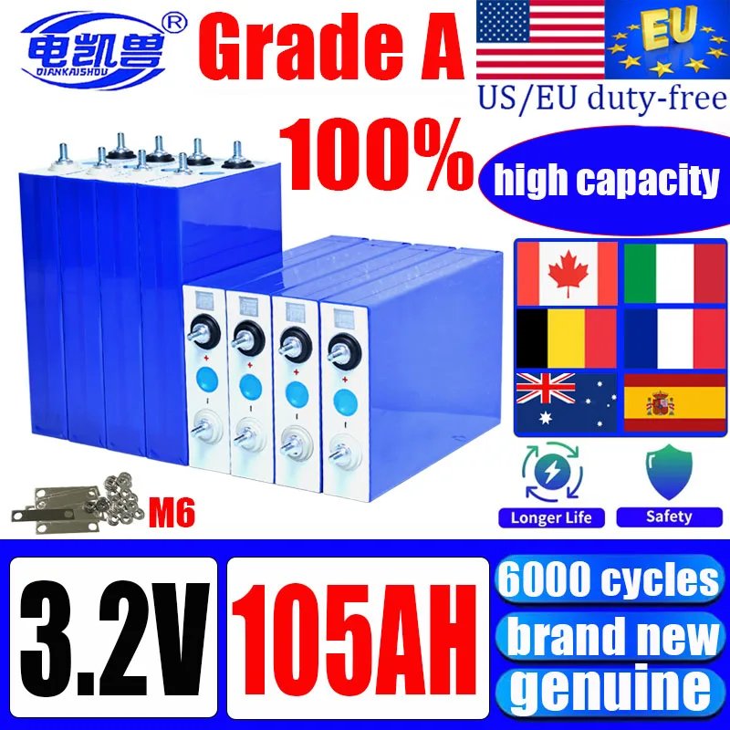 New Lifepo4 3.2V 105ah Grade A  Iron and Lithium Phosphate Prismatic Cells Rechargeable Battery Pack for Solar Power DIY 12V 24V