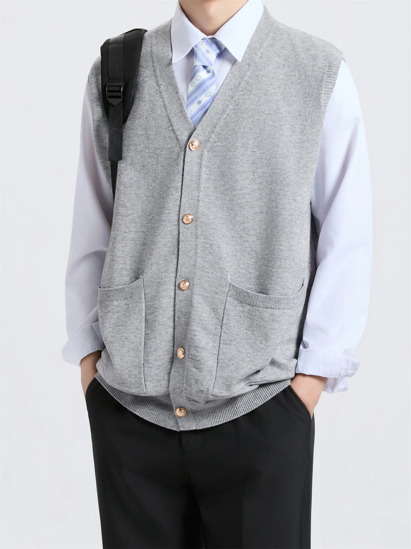 

Мужской вязаный жилет-кардиган с V-образным вырезом, базовый, для многослойных образов, DK-цвета