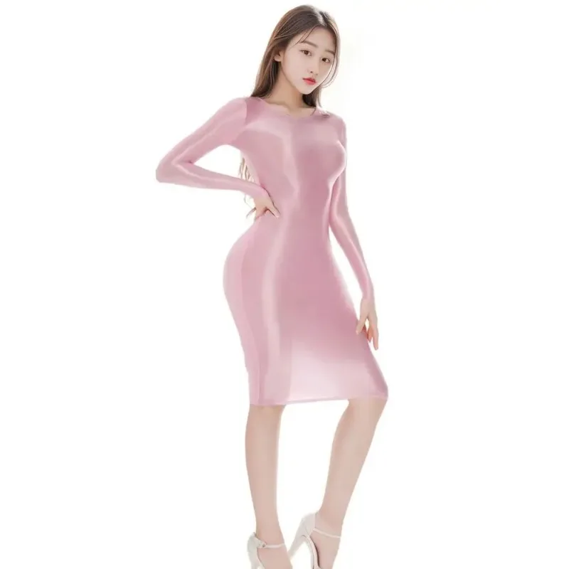 Vestido Midi de manga larga con brillo de aceite para mujer, Minifalda Sexy con cubierta de cadera, Vestido de OL, ropa de fantasía para discoteca, bata de juego sexual corporal