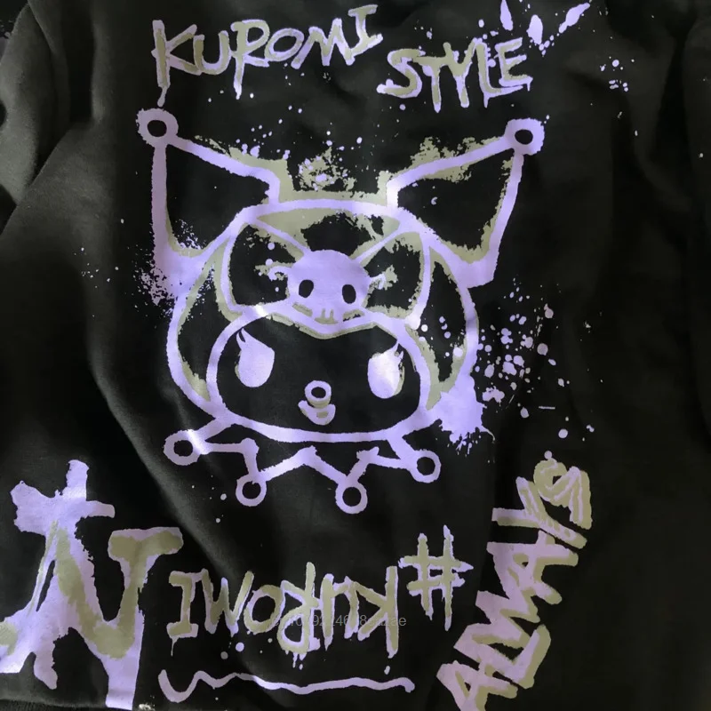 Sanrio Kuromi Purple Graffiti Black Pullover Gothic Clothes Long Sleeve Aesthetic Sweatshirt Women Fashion Tops Y2k Loose Tshirt