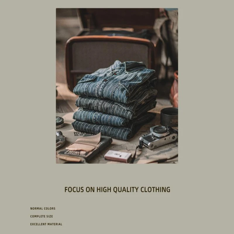 قميص دينم مخطط عمودي عتيق على الطراز الأمريكي، قميص ثقيل بأكمام طويلة على شكل قضيب كاكي