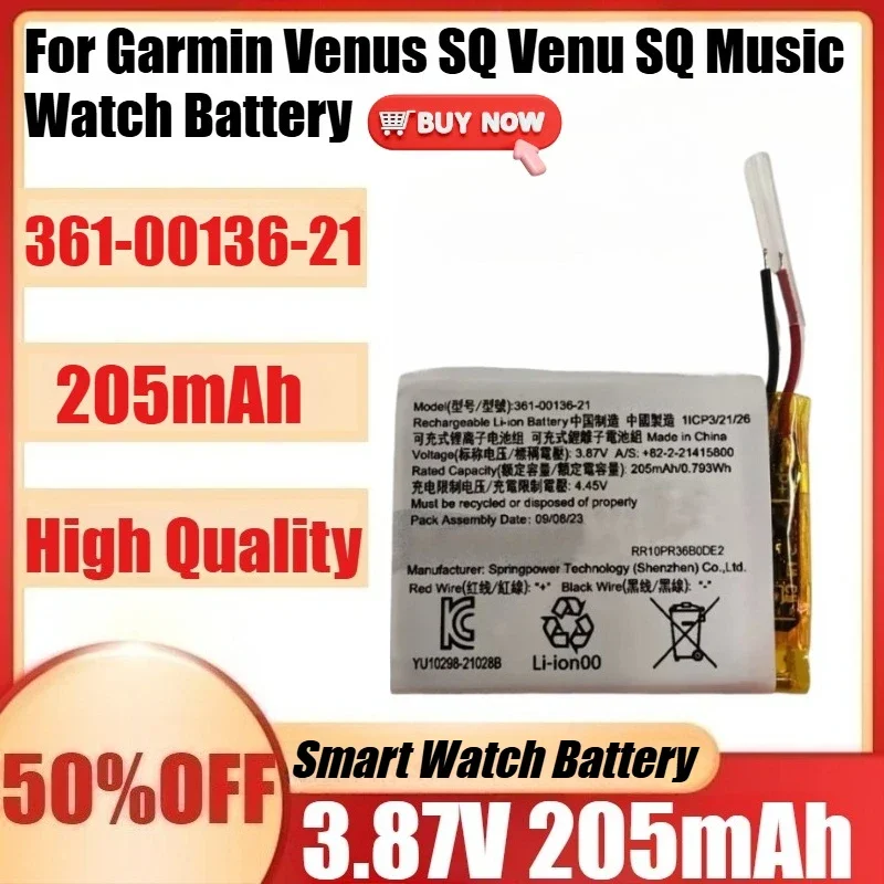 SWZY 361-00136-21 High Quanlity Battery 361-00136-21 205mAh 3.87V for Garmin Venus SQ Venu SQ Music Watch Battery