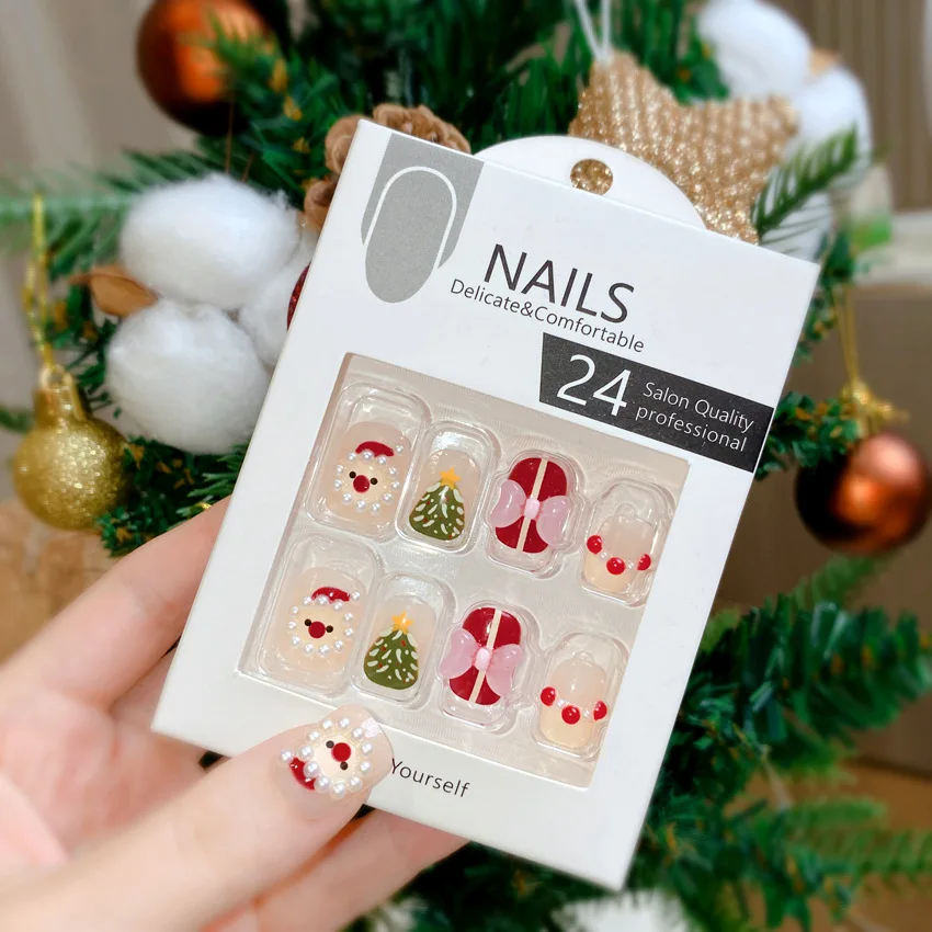 24 Uds uñas postizas redondas cortas de Navidad lindo dibujo de Papá Noel patrón de árbol de Navidad prensa en el lazo de uñas decoración de perlas uñas postizas dulces