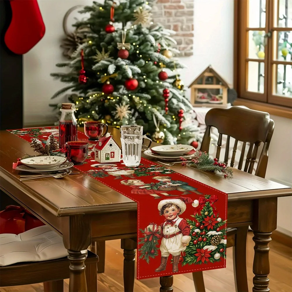 Christmas Tree Pine Branch Pattern Table Runner Dresser Scarves for Indoor Dining Table Holiday Party Decoration Kitchen Plates