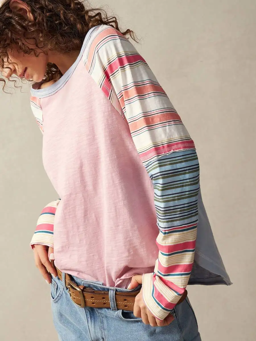 

Women's Loose Fit Striped Raglan Long Sleeve Knit Crew Neck Tee
