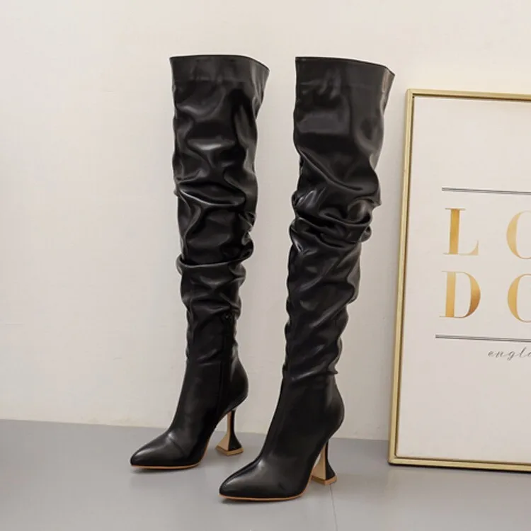 

Long tube boots for women in autumn and winter, black wine glasses and 2025 winter new style pleated high heels, oversized knee