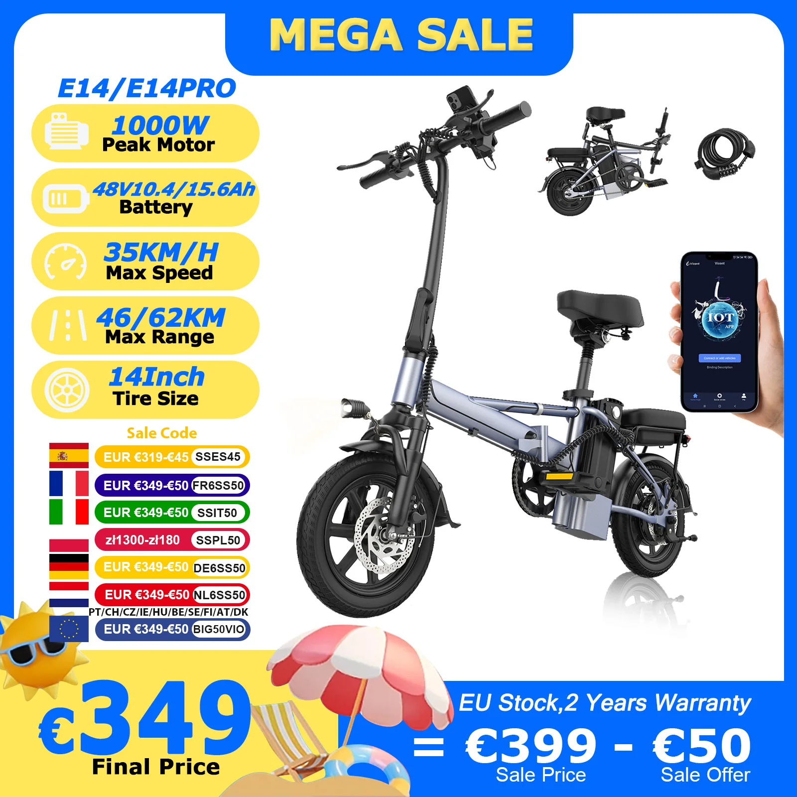 2025 nouveau vélo électrique AOVOPRO E14/E14Pro 1000W moteur de pointe 14 pouces 48V 15.6Ah 62km longue portée 35 km/h pliable avec App EBike