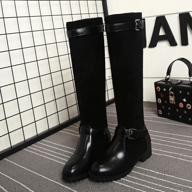 2022 new Women knee-high boots plus size 22-27CM PU+flock upper modern boots Vintage mixed color buckle fashion long boots