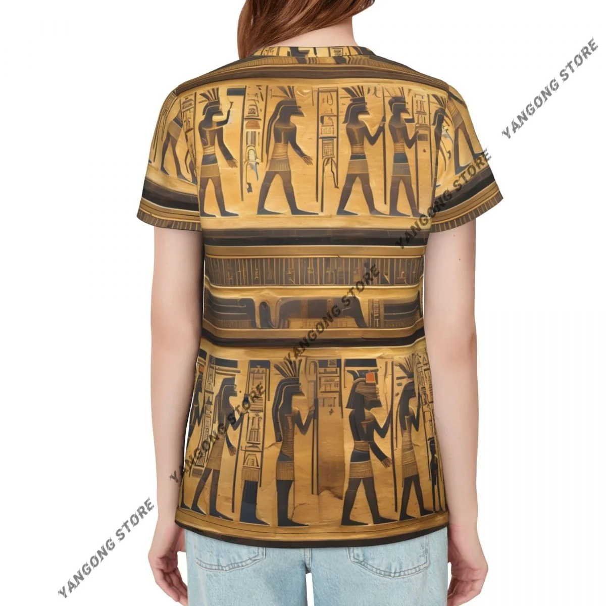 Women Short Sleeve Top Egypt Hieroglyphics T-shirt Fashion Summer Female Tops Loose Round Neck T Shirt