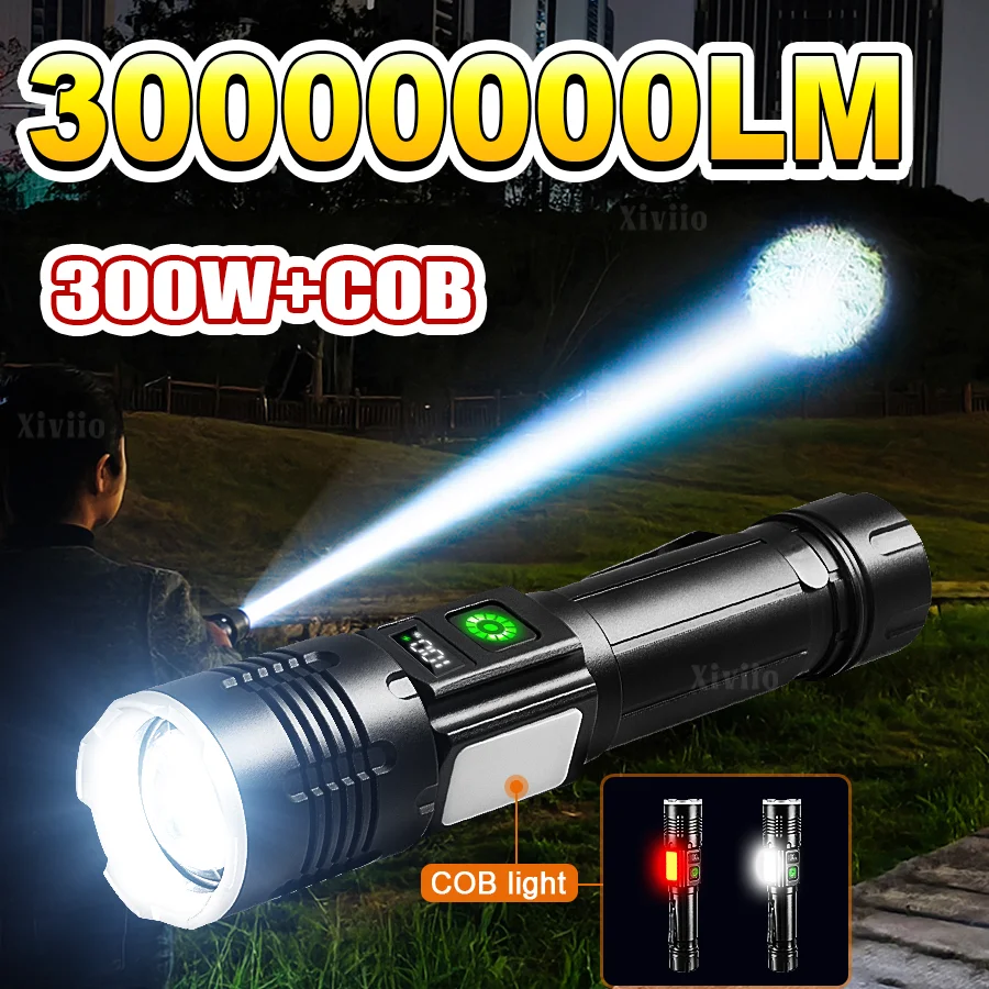 300W+COB Super Big Flashlight Rechargeable Most Strong LED Flash Light Long Range Torch Zoom Outdoor With Digital Power Display