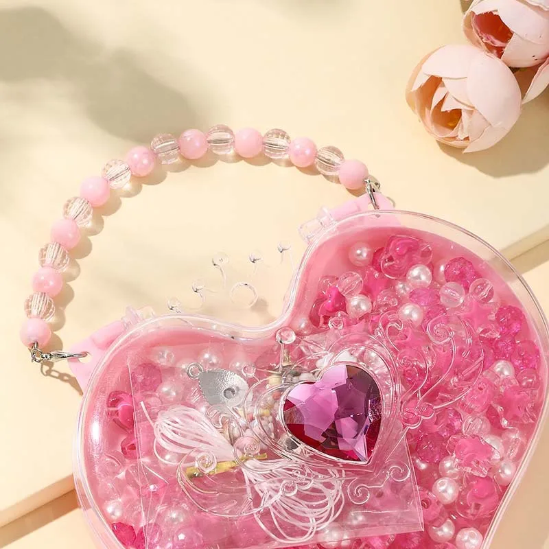 Novo rosa meninas artesanal diy miçangas brinquedos bonito em forma de coração caixa de jóias das crianças colar pulseira brinquedo conjunto presentes de aniversário