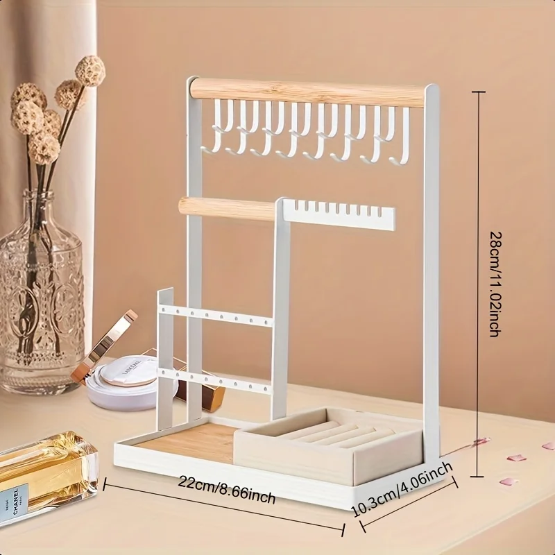 

White Rectangular Jewelry Storage Tower with Velvet Ring Holder,4-tier Necklace and Earring Organizer,with 15 Hooks and 16 Holes