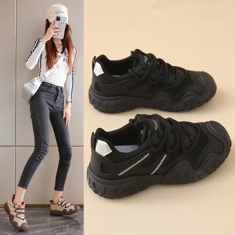 

2025 New Women's Round Toe Lace Up PU Mesh Chunky Platform Sneakers 4.5CM Heel Wear Resistant Outsole Casual Daily Shoes