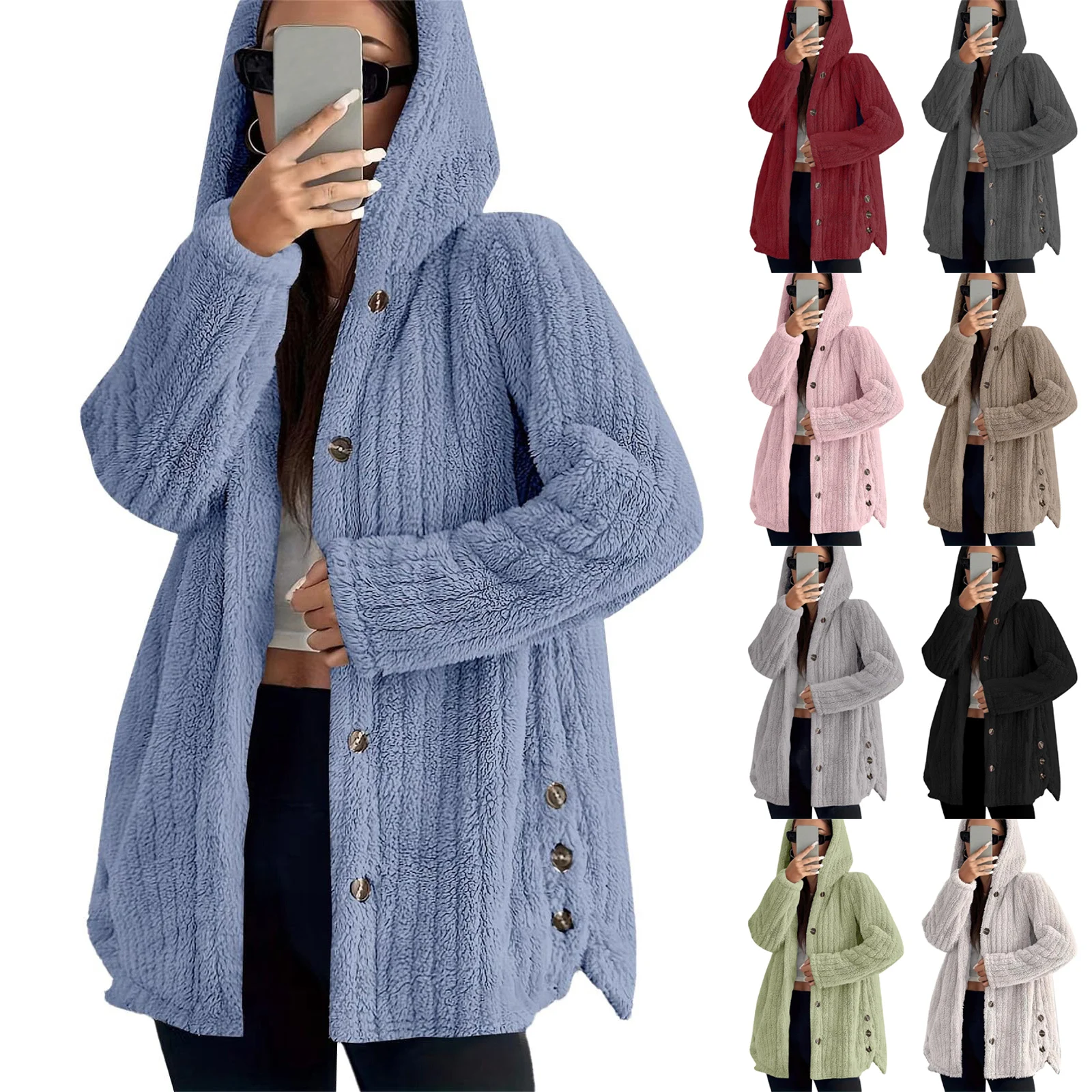 

2025 Women's Winter Plush Hooded Jacket Fashion Outerwears Solid Color Long Sleeved Hooded Button Plush Warm Jackets Loose Coat