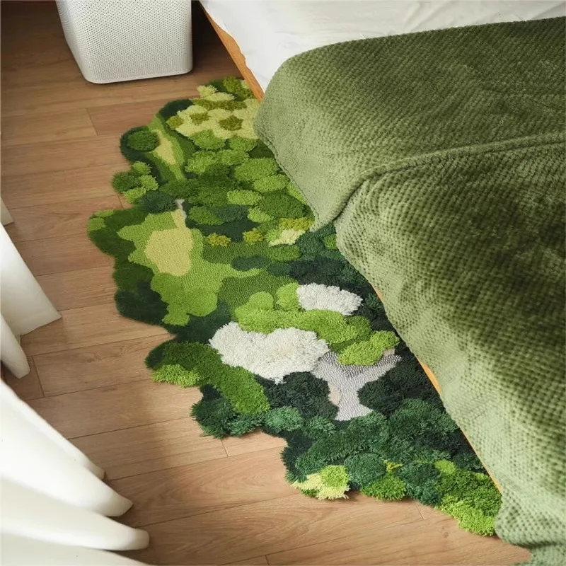 

Handmade Forest Moss Long Carpet For Bedroom Wool Blend Bedside Rug Home Sofa Table Floor Mat Thick Green Aesthetics Area Rug