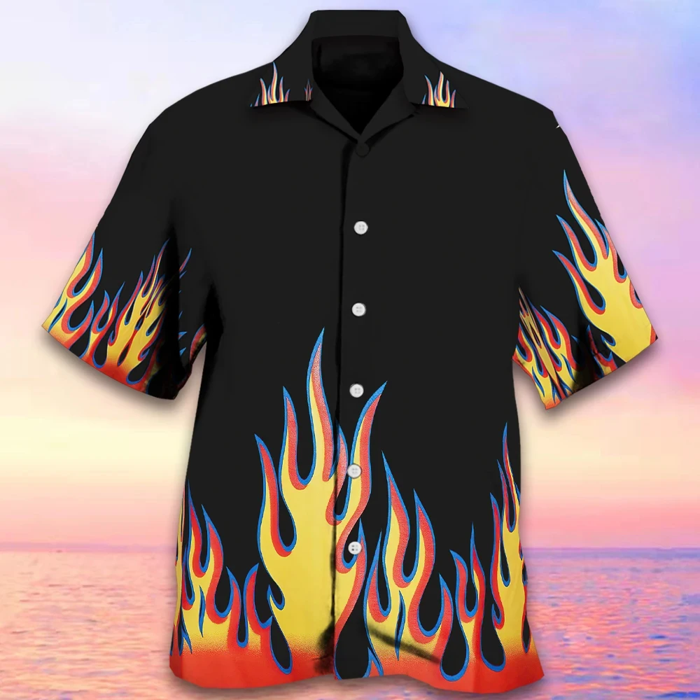 

Summer men's Lapel Shirt Flame Printed high-quality men's Clothing Hawaiian Beach Holiday Casual Design Short Sleeved Shirt