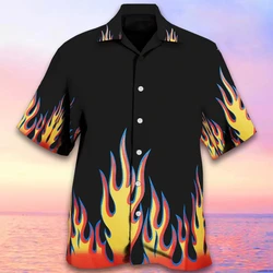 Summer men's Lapel Shirt Flame Printed high-quality men's Clothing Hawaiian Beach Holiday Casual Design Short Sleeved Shirt