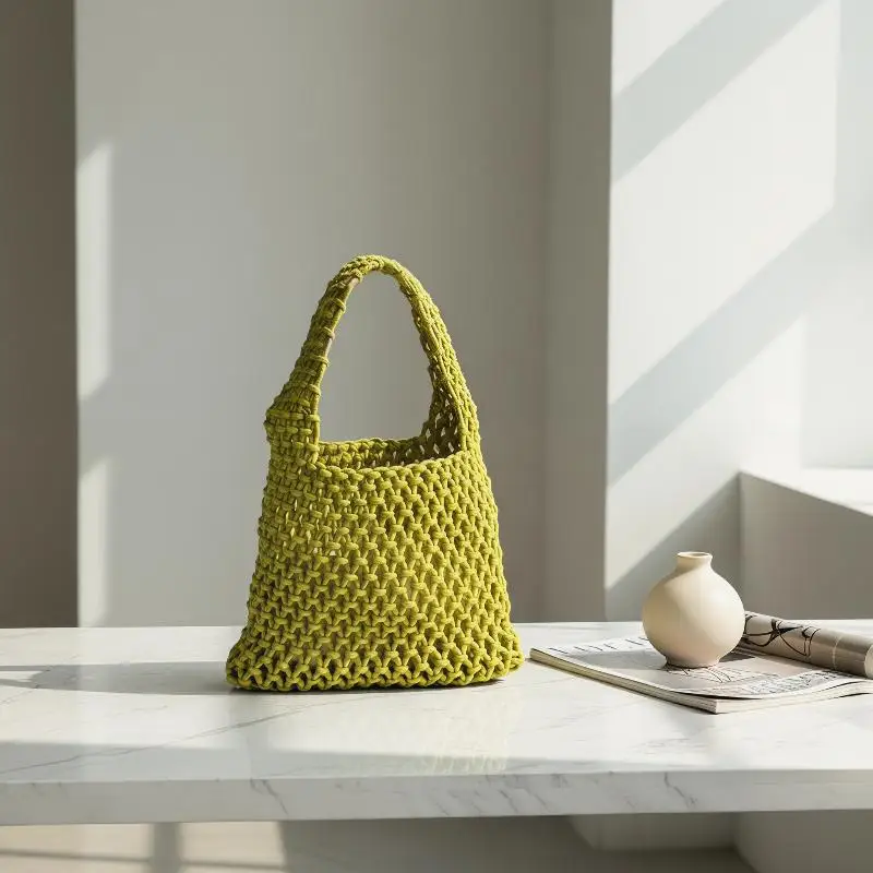 Handmade Knitted Shoulder Bag with Hollowout Design Fresh Style for Casual Outings