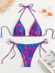 Microbikini Tie Dye para mujer, traje de baño femenino con Tanga, conjuntos de Bikini Sexy con cordones, Bikini brasileño con cuello Halter 2024