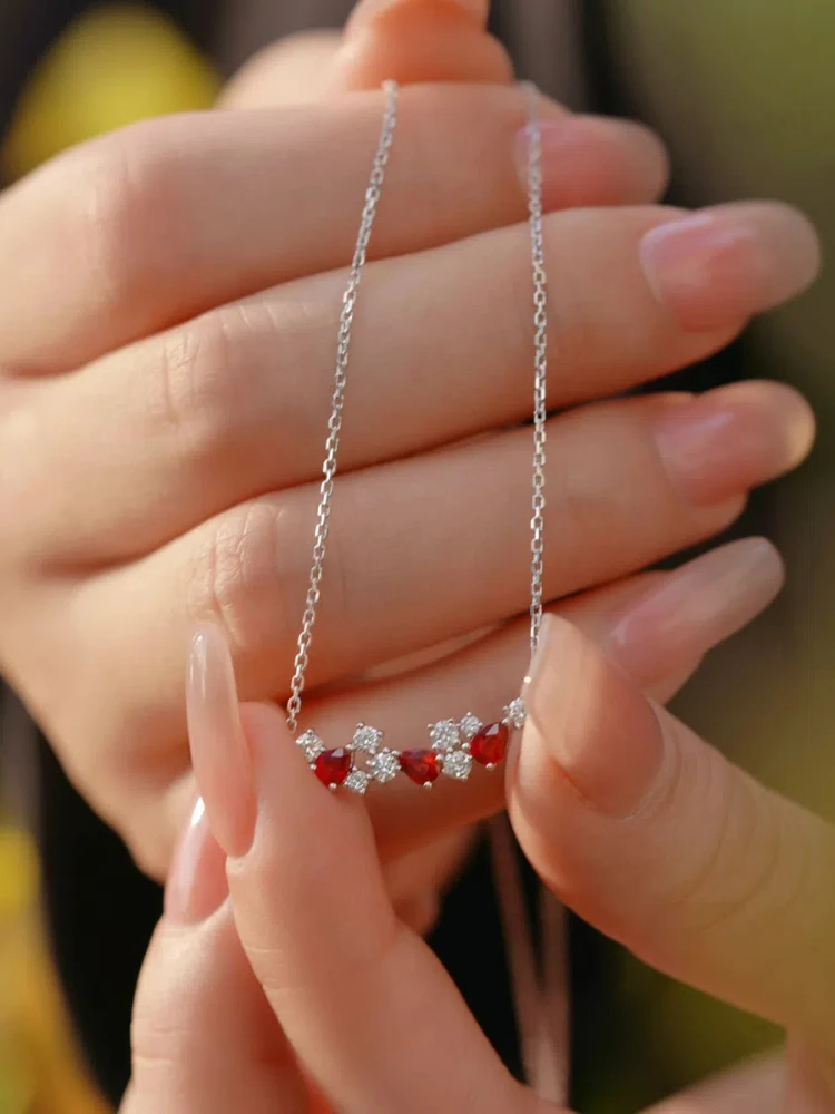 

S925 Sterling Silver Women's Necklace Red and White Zircon Sort Necklace French Jewellery Women Daily Wear Holiday Party Gifts
