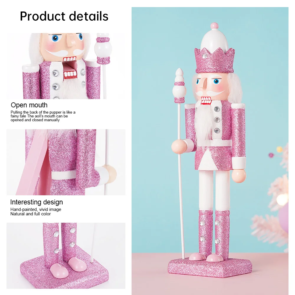 30CM Wooden Nutcracker Solider Figurine Puppet Pink Glitter Soldier Doll Toy Handcraft Ornament Christmas Home Office Decoration