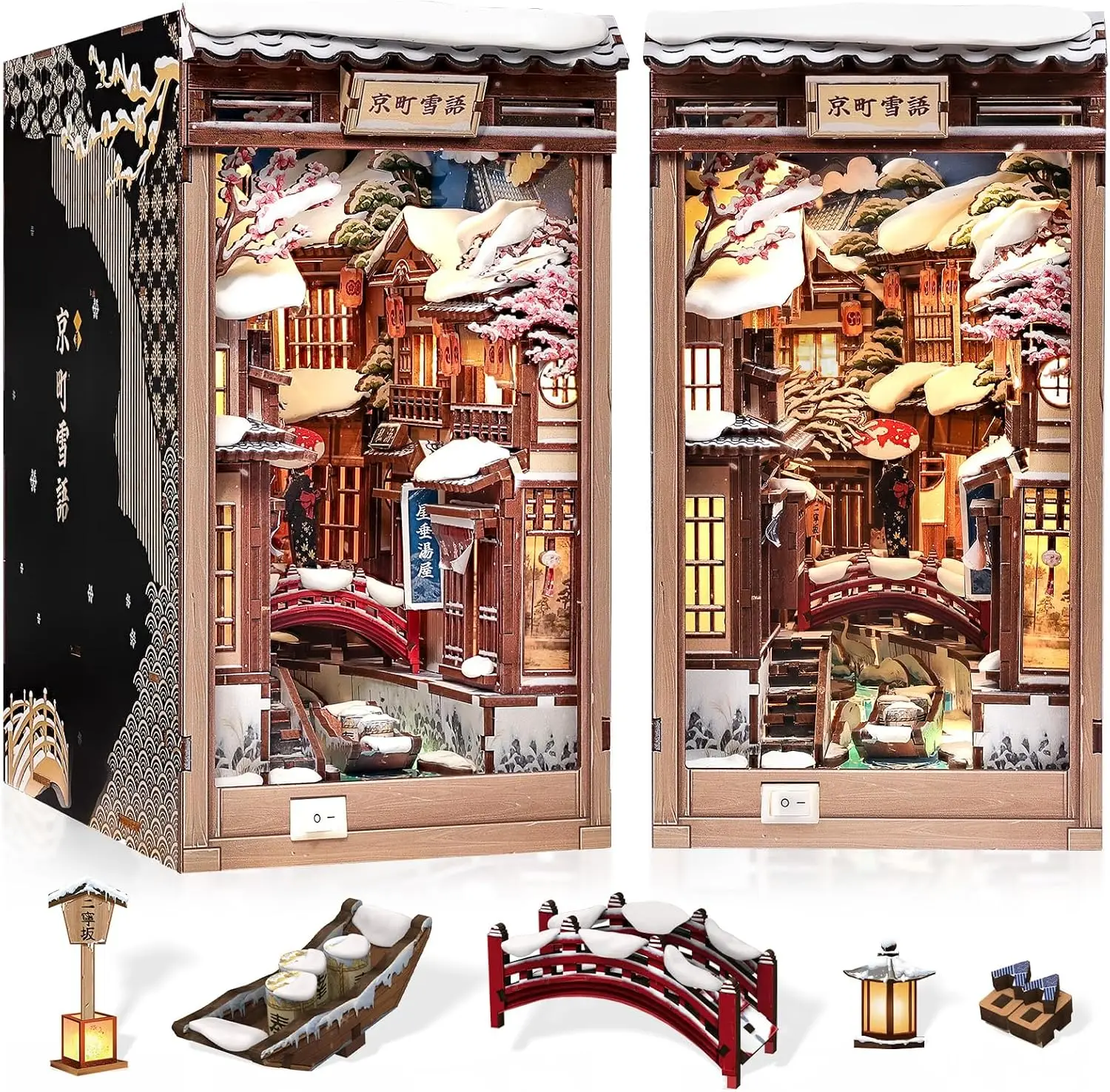 DIY Book Nook Kit Kyoto Snow Whisper – Japanese Snow Scene | 3D Wooden Puzzle Miniature Dollhouse Kit with LED Light, Bookshelf