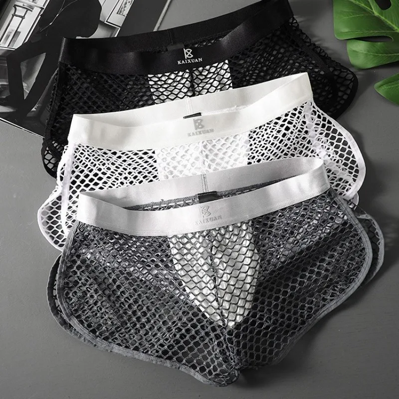 

Men's Mesh Beach Shorts Sexy See Through Underwear Hollow Fishnet Split Side Boxer Briefs Breathable Bugle Pouch Panties Trunk