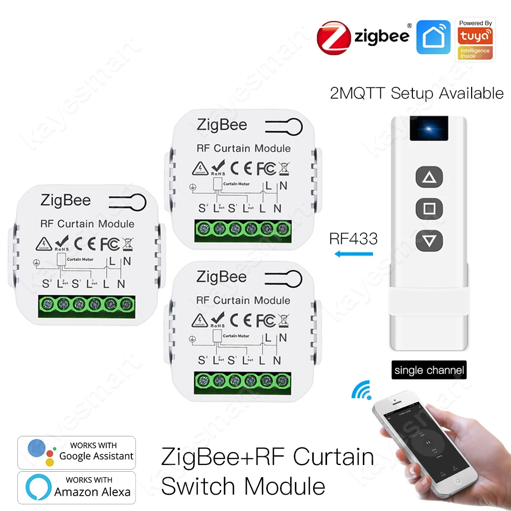 وحدة تبديل ستارة ZigBee الذكية من Tuya ، RF433 ، محرك مصراع ، تحكم بتطبيق الحياة الذكي ، اليكسكا ، جوجل المنزل ، 2MQTT